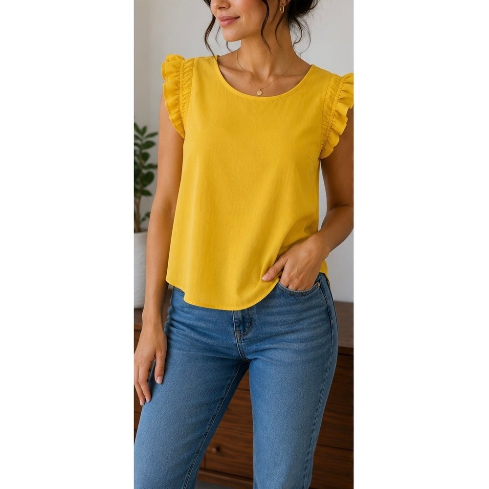 Mustard Yellow Ruffle Shoulder Blouse Round Neck Keyhole Top Size-M